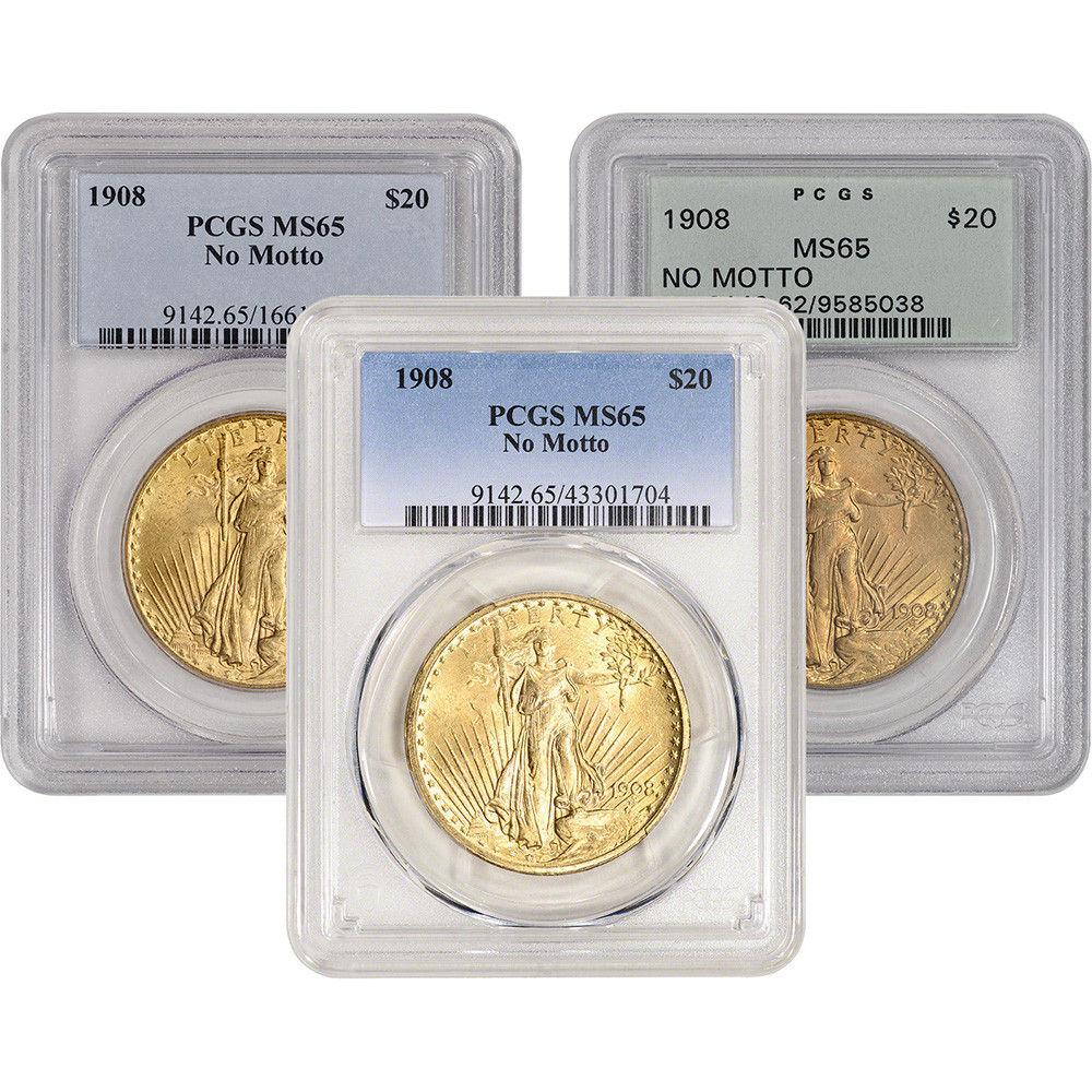 US Gold $20 Saint-Gaudens Double Eagle PCGS MS65 1908 No Motto