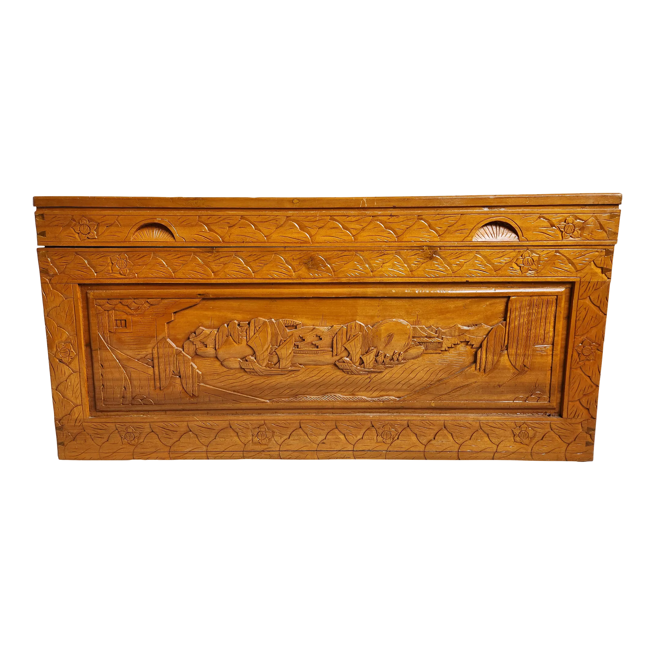 Mid 20th Century Asian Hand Carved Wooden Trunk - Hope Chest