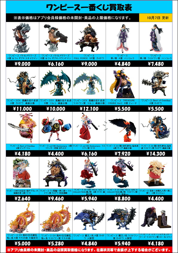 ワンピース一番くじ買取表 更新しました！10/7 | 千葉鑑定団中央店