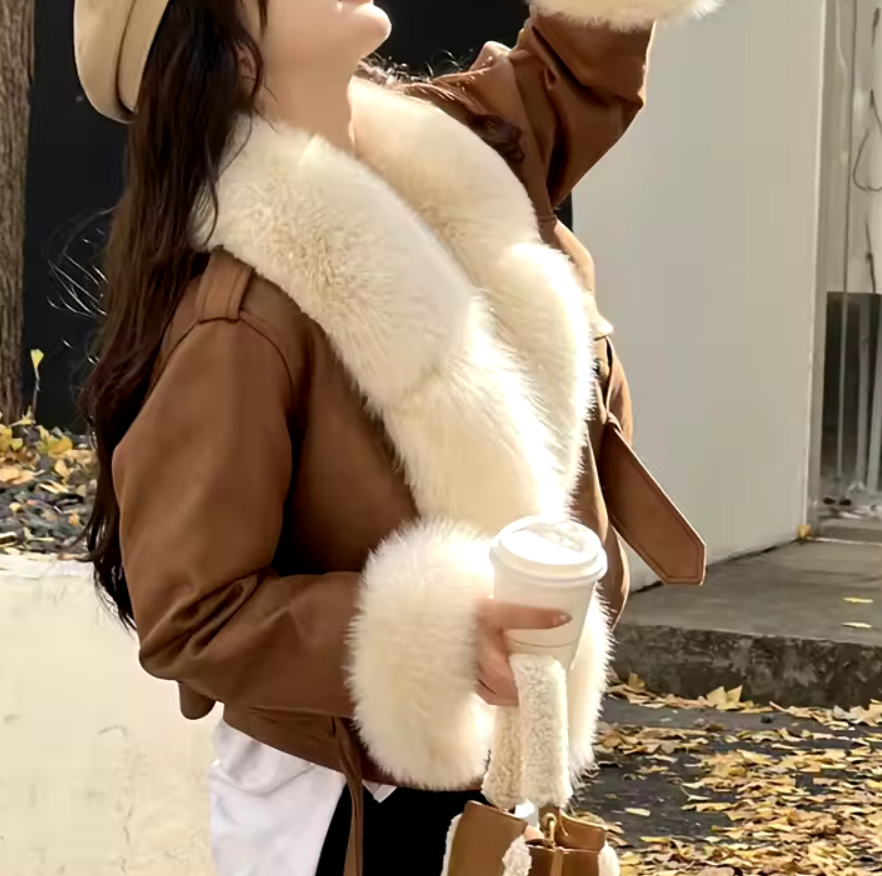Lada | Oversized Leather Crop Jacket Fox Fur Collar | CIÉLIE – Cielie