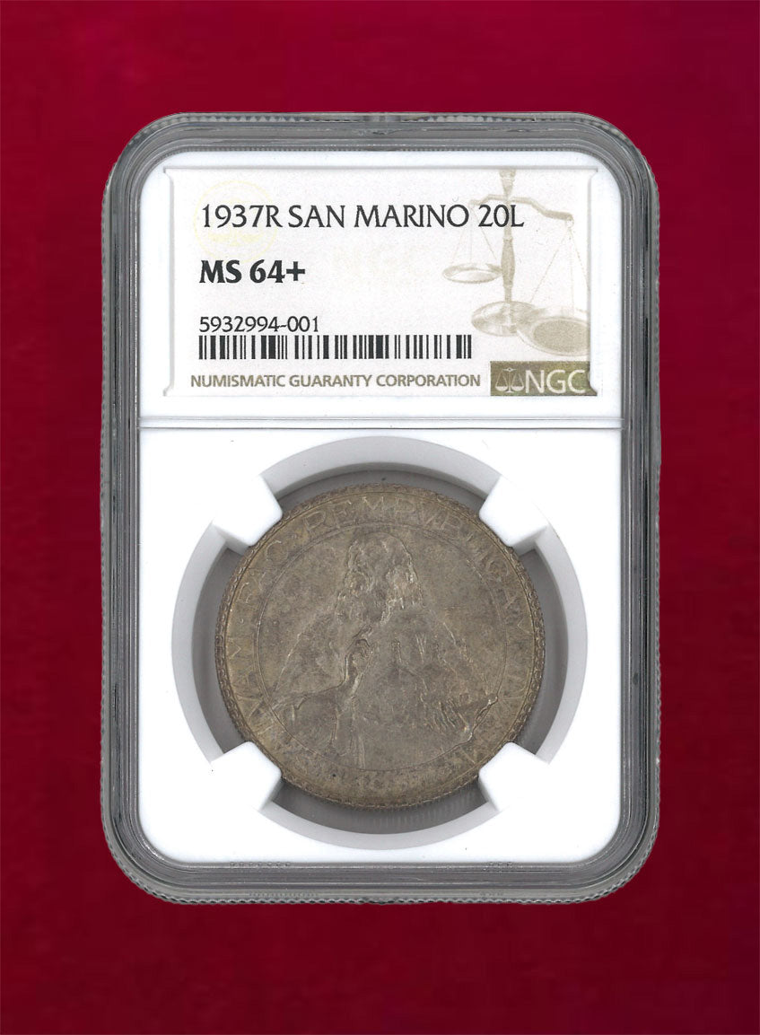 サンマリノ】20リラ 銀貨 1937R SAN MARINO NGC MS64+［B-0000006