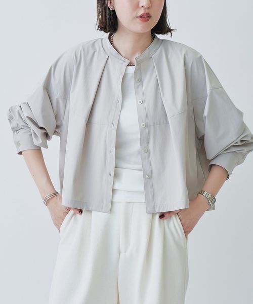 はっ水//防しわ/ストレッチ/接触冷感】ボーダレス クロップド シャツ