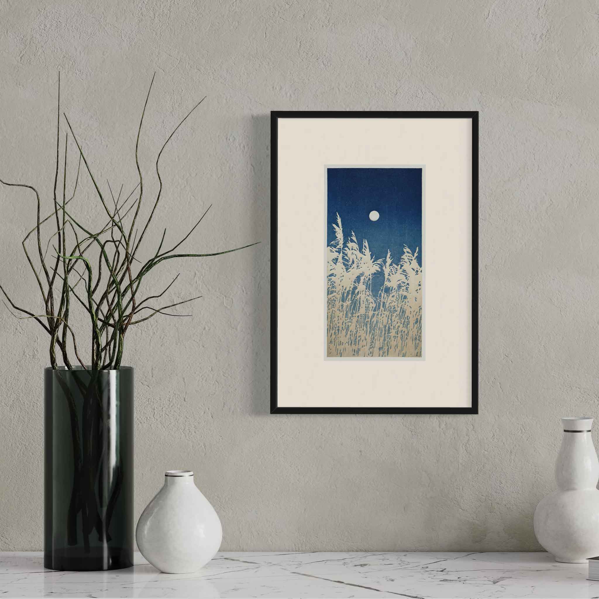 Reeds Under a Full Moon | Japanese-Style Moonlit Landscape Wall