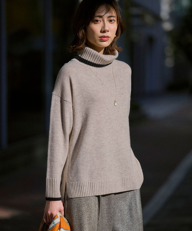 FUDGE掲載/洗える】ウールカシミヤ コンビカラー オフタートル ニット