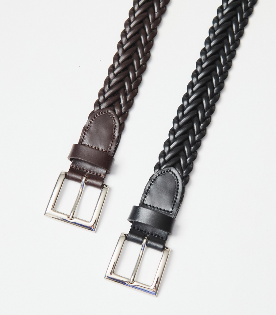 8本編みヘリンボーン クラフトレザーメッシュベルト/ブラック