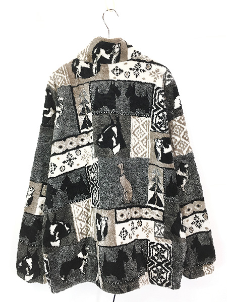 古着 90s USA製 MAZMANIA 犬 ドッグ マルチ アート 総柄 フリース