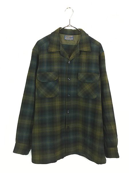 古着 50s Pendleton 好配色 チェック 開襟 ボックス ウール シャツ L