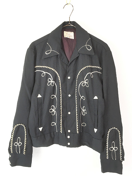 古着 50s H BAR C フラワー ステッチ ブラック レーヨン ギャバジン