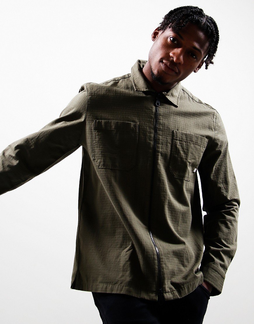 Farah Olmes Long Sleeve Zip Overshirt Olive Green - Terraces Menswear
