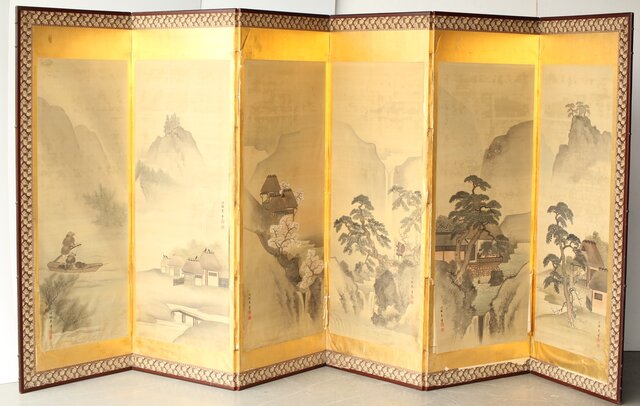 東東洋 屏風 六曲一双 絹本肉筆 法眼東洋 金地 日本画 Z421｜骨董店