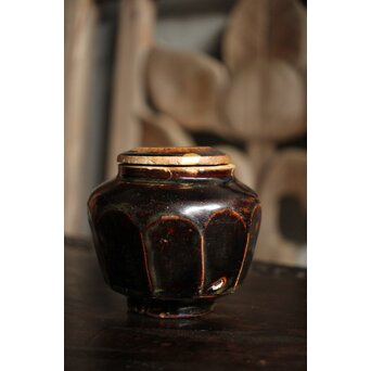 朝鮮李朝 飴釉蓋付面取壺 P523｜骨董店 のびる 古美術 骨董 和風建具