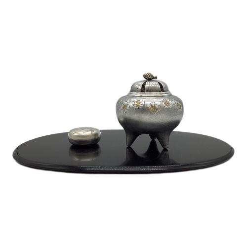 河内光明 香炉/香合揃 鍛金 共箱/台座付 香炉:277.5g 香合:59.8g