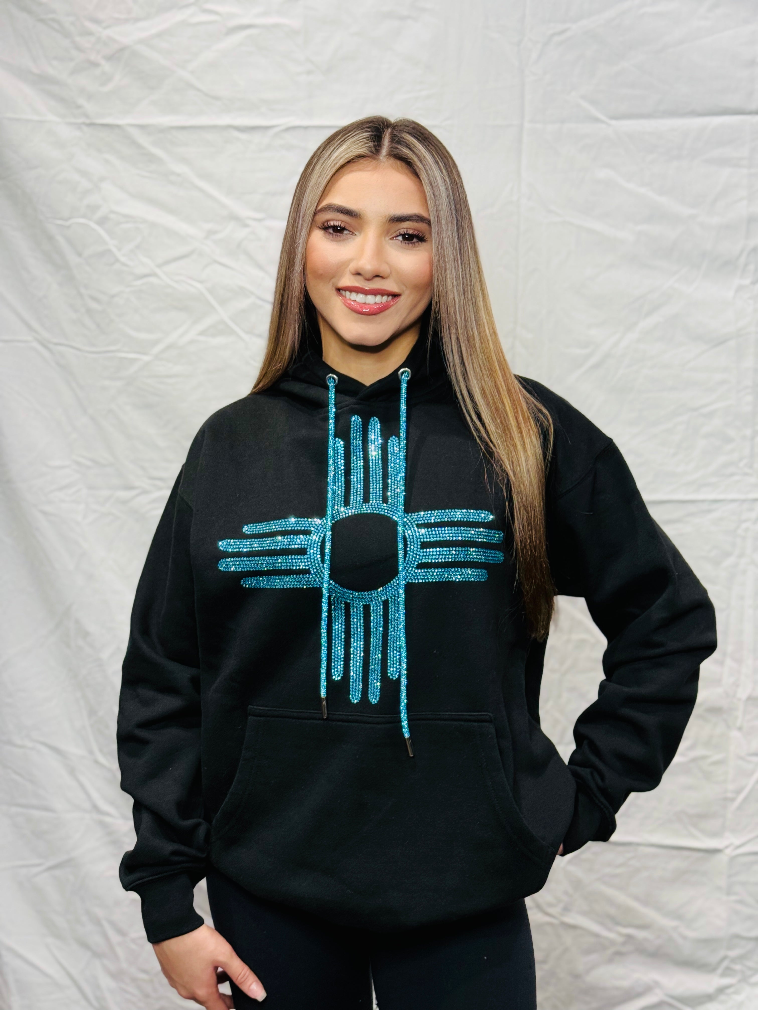 Turquoise Zia Rhinestone Hoodie – Eddie Valentin