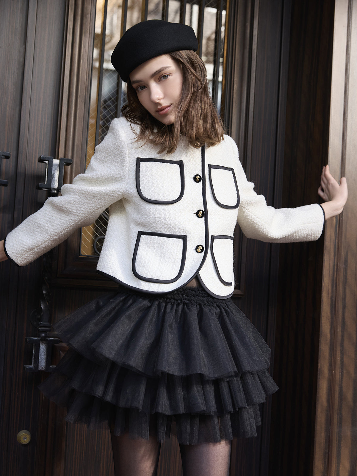 サテントリムツイードジャケット