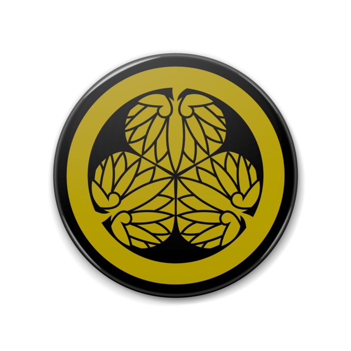 特大缶バッジ88mm 徳川家康 水戸黄門 家紋 三つ葉葵 黒地に金色 - 戦国