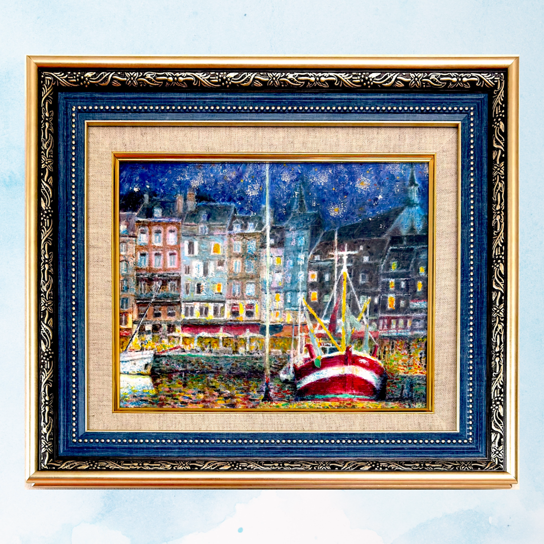 風景画「台湾十分の夜景」油彩画F4/額付き アクリル面 by 福家佳則