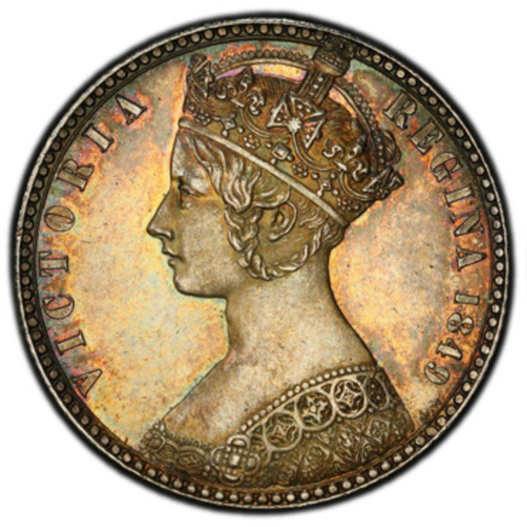1849年 英国 ヴィクトリア女王 ゴシック ゴッドレス フローリン銀貨