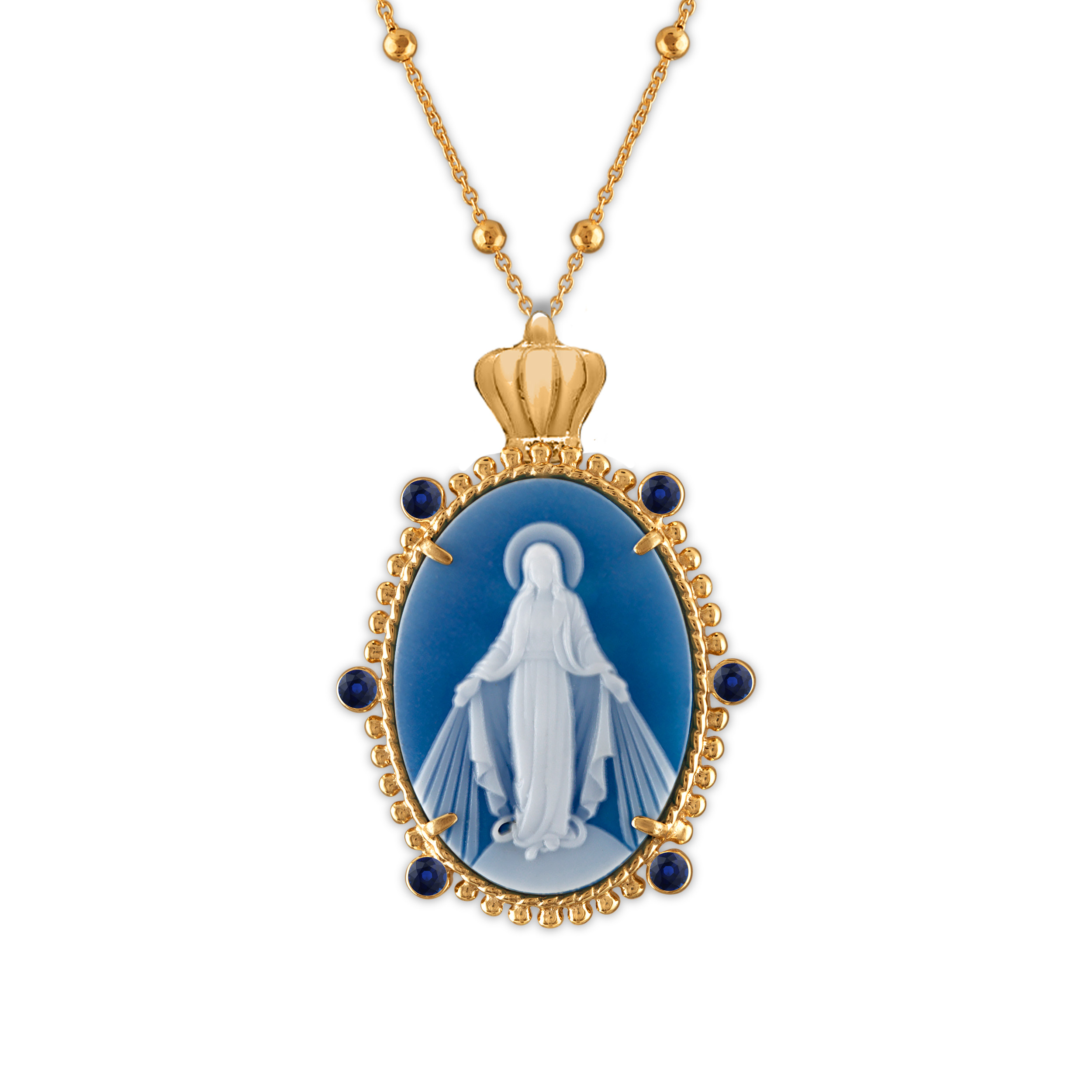 Crowned 18k Gold Emperatriz Miraculous Mary Medallion- Sapphire