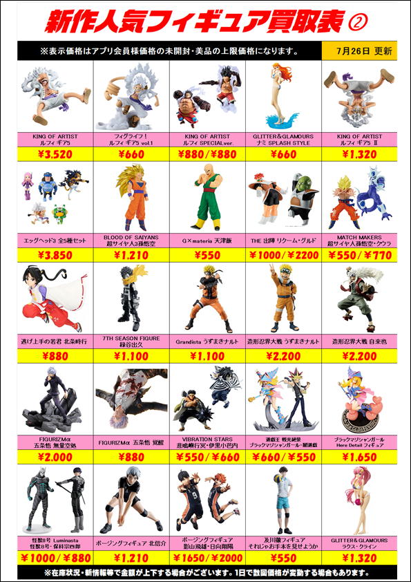 新作プライズフィギュア買取表 更新しました！ 7/26～ | 千葉鑑定団船橋店