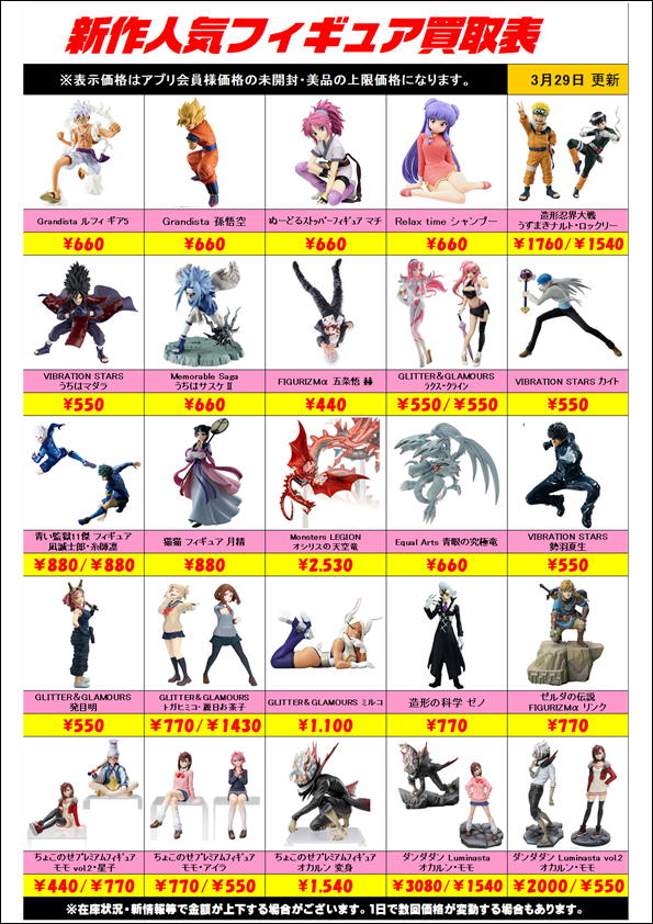 新作プライズフィギュア買取リスト更新しました！ 3/30～ | 千葉鑑定団