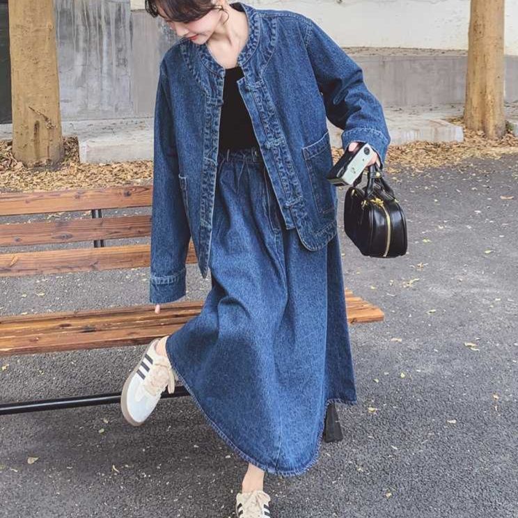 デニムセットアップ ノーカラーオーバーサイズジャケットとロング