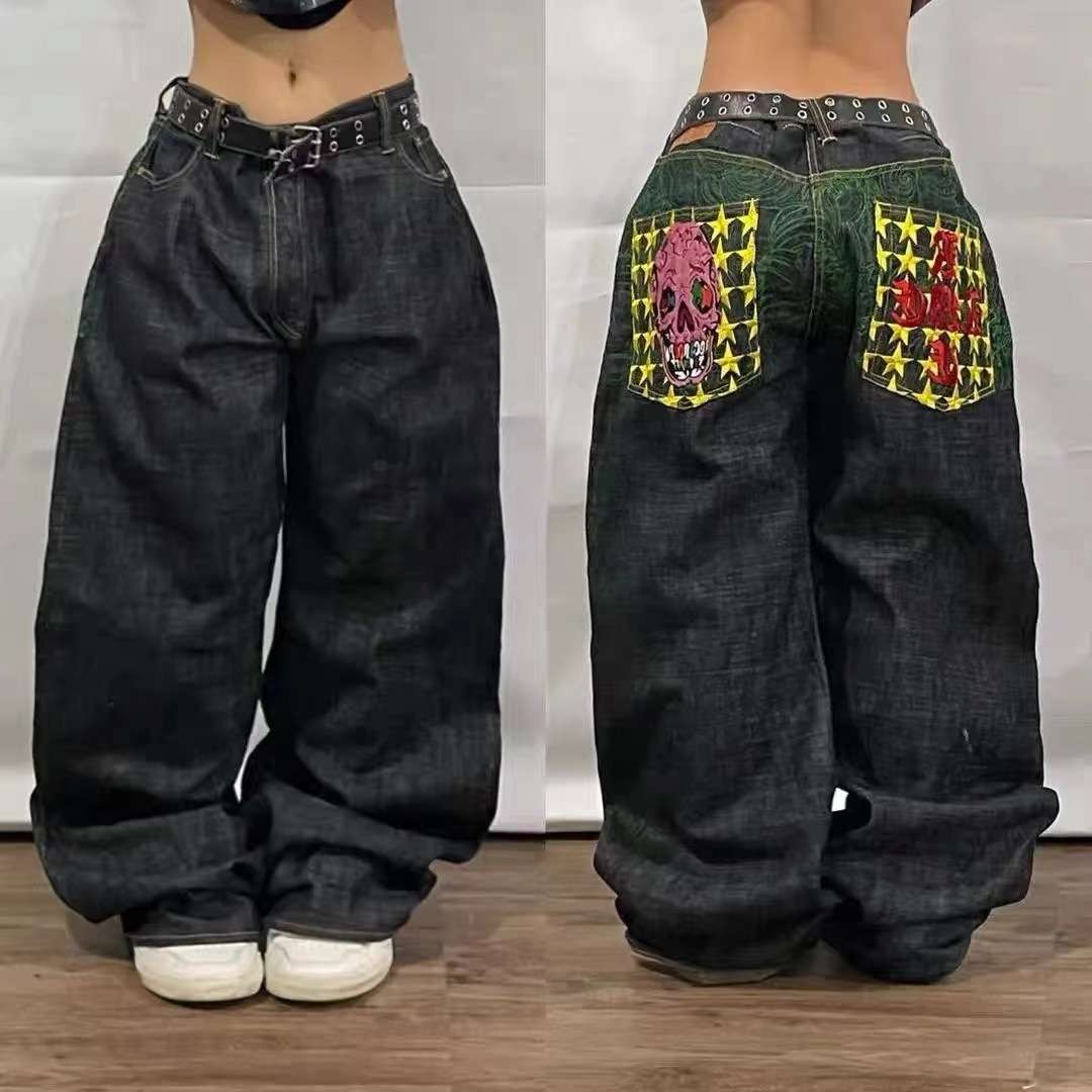 ストリートファッション スカル刺繍ワイドデニムパンツ デニム