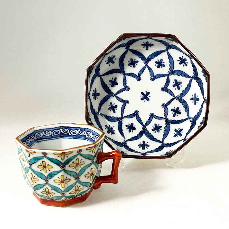 京焼清水焼 コーヒーカップ＆ソーサー 色絵七宝紋珈琲碗皿 □加藤雲泉