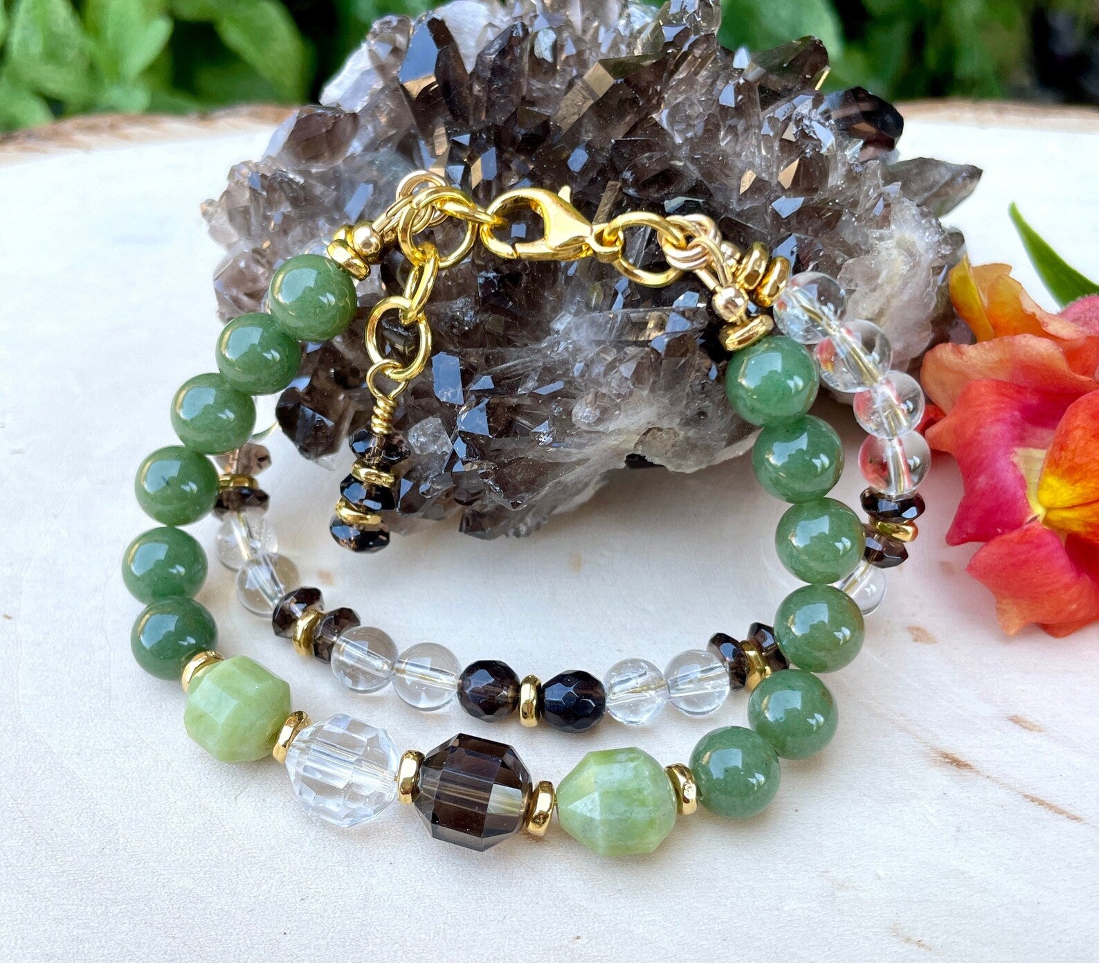 JADE, CLEAR & SMOKY Quartz w/Gold Duo Clasp Bracelet, Gemstone