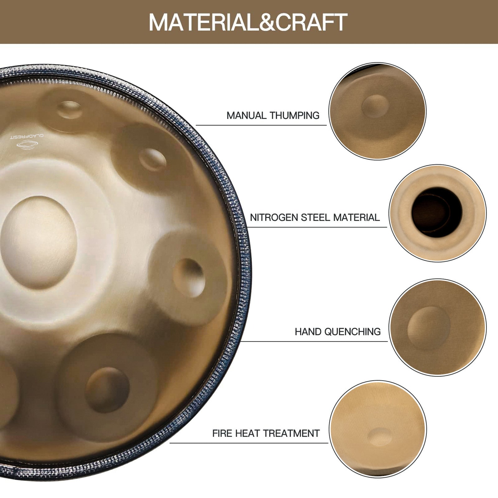 GLADFRESIT Mini Handpan Gold 9 Notes G Minor 18 Inches with Accessorie