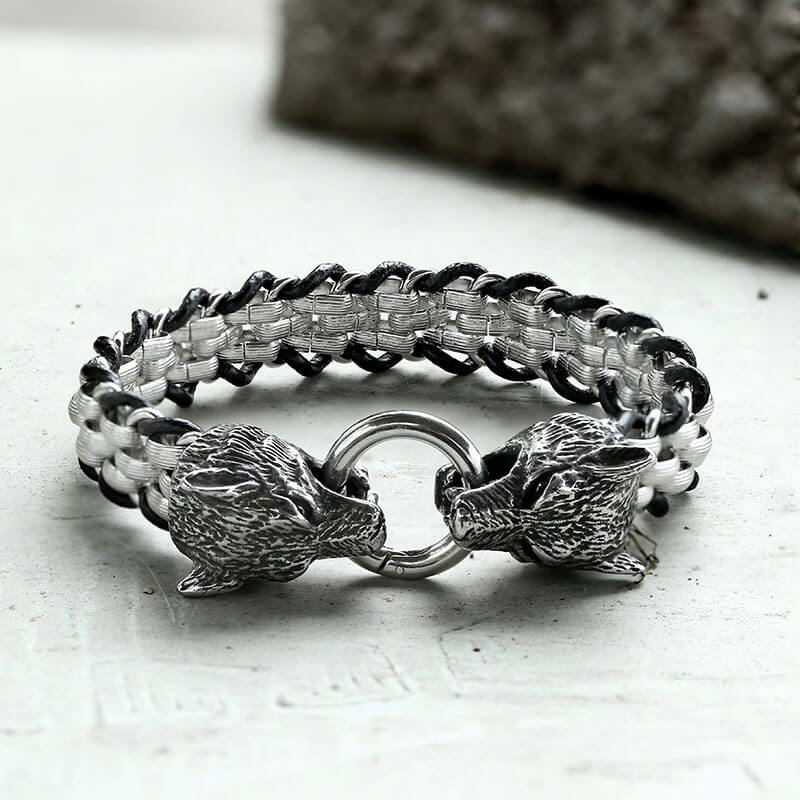 Double Wolf Head Buckle Stainless Steel Braided Bracelet – GTHIC