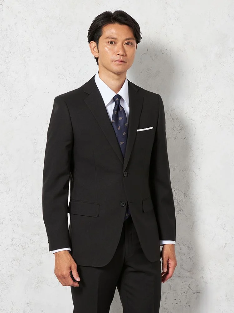 スーツ 2つボタン【WEB限定】4WAYストレッチ 織柄 ブラック 通年