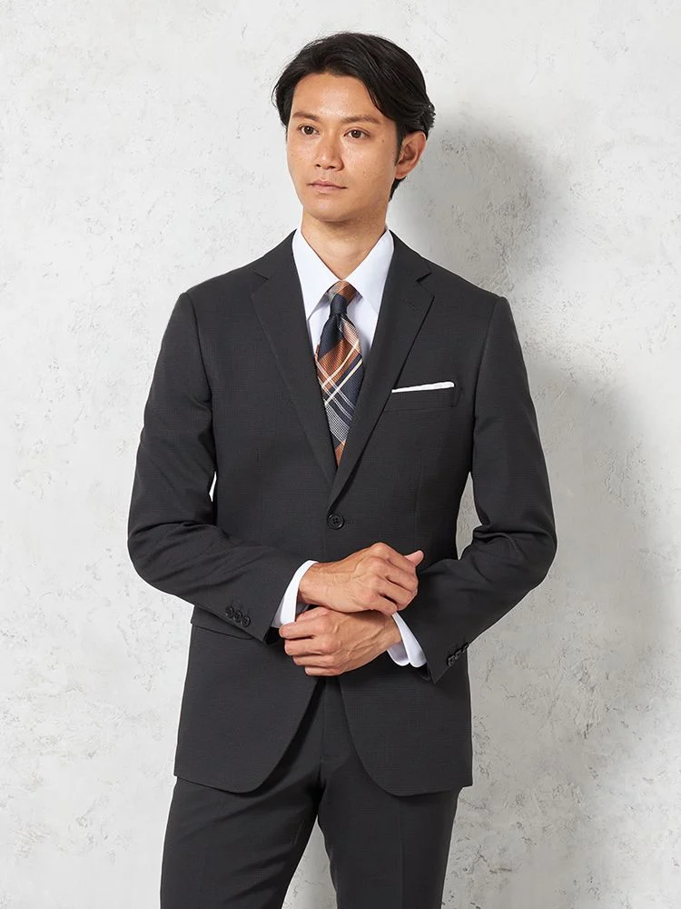 スーツ 2つボタン【WEB限定】4WAYストレッチ 織柄 チャコールグレー