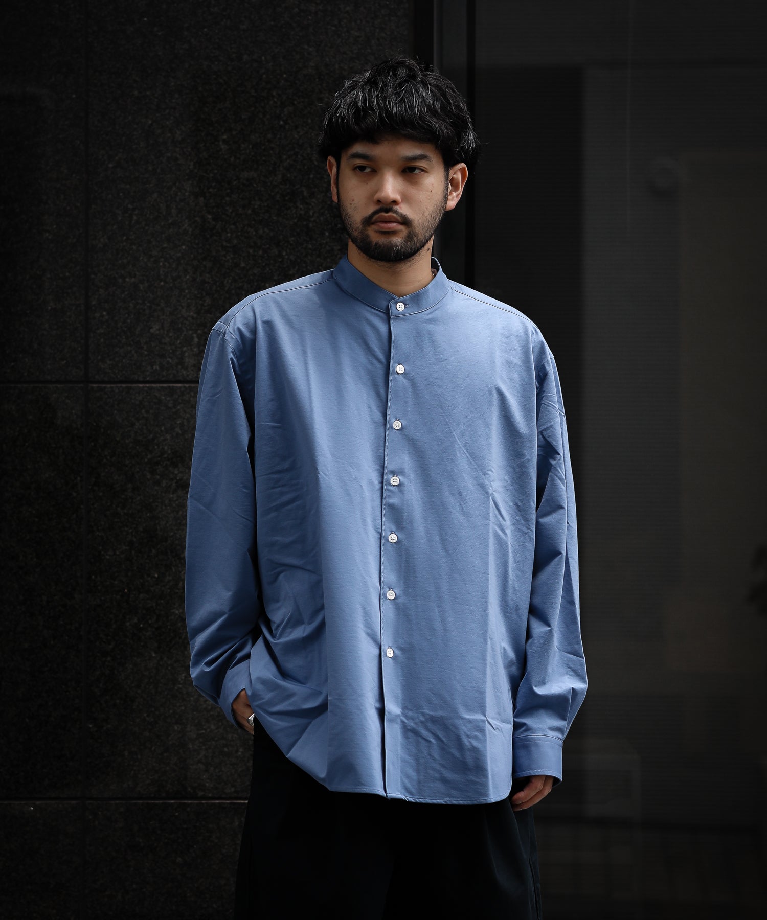 KANEMASA】ROYAL OX DRESS KNIT SHIRT STAND COLLAR LOOSE FIT - BLUE