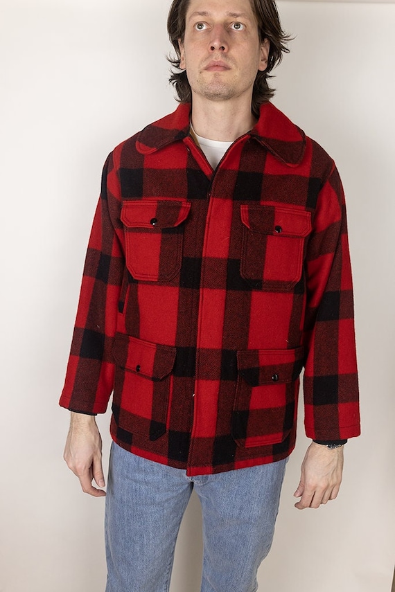 Vintage 60s Woolrich Lined Mackinaw Cruiser Wool Buffalo Check Red