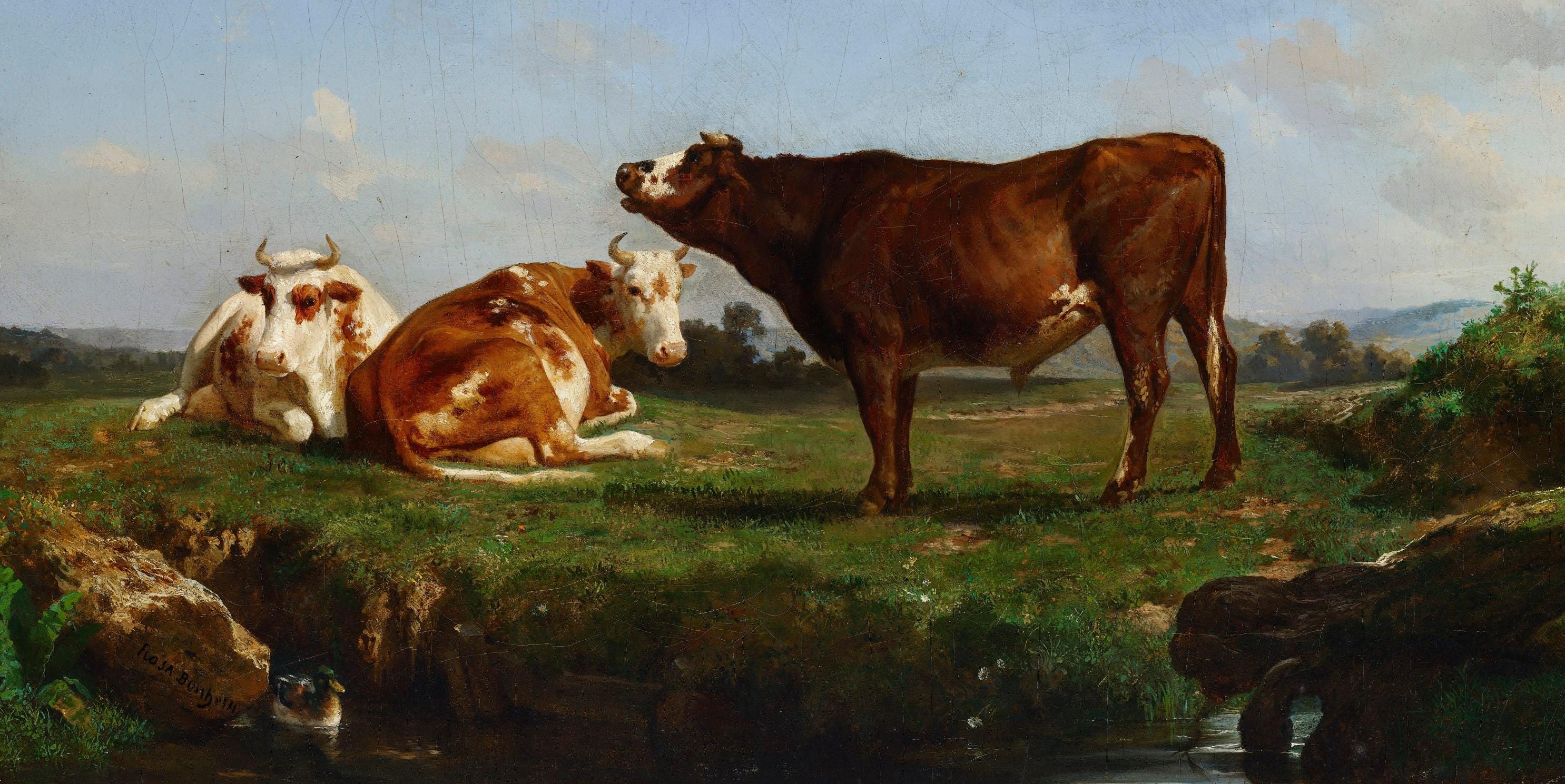 ヴィンテージ牛の草を食む絵画 | アンティーク動物肖像画 | クラシック