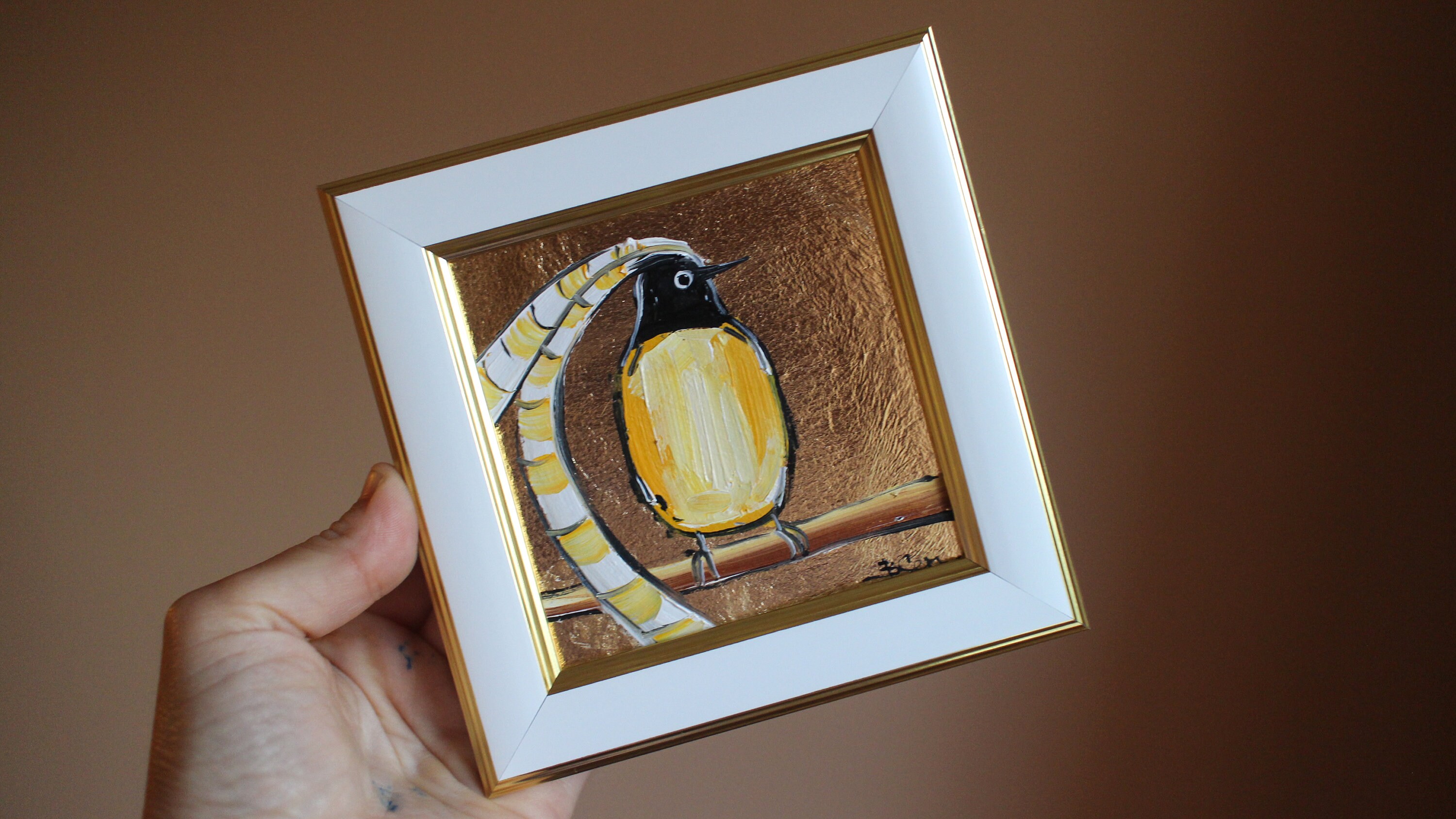 ザクセン王の鳥油絵オリジナルクラフトハンドメイド：金箔額入りアート