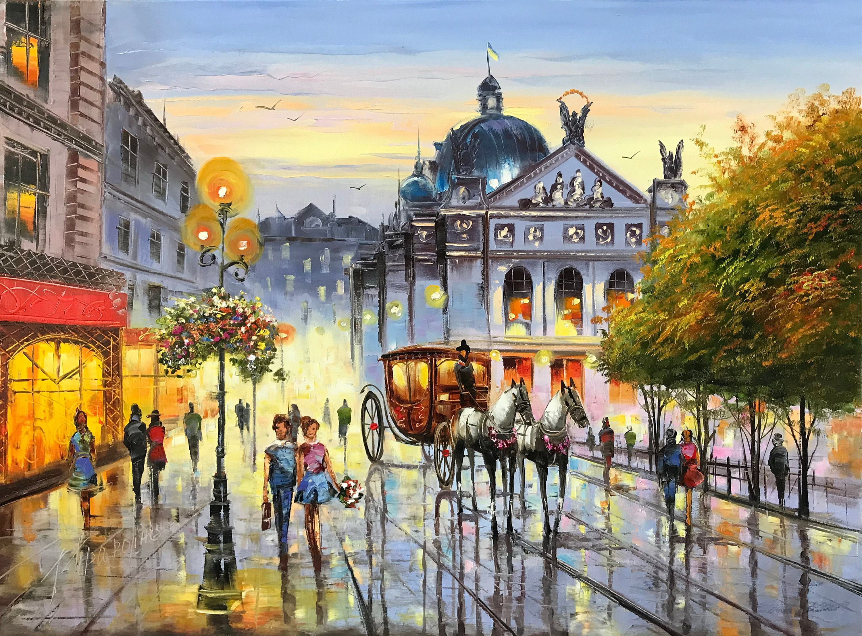 キャンバスに描かれた大都市の絵画 ヨーロッパの都市の壁画 都市の風景