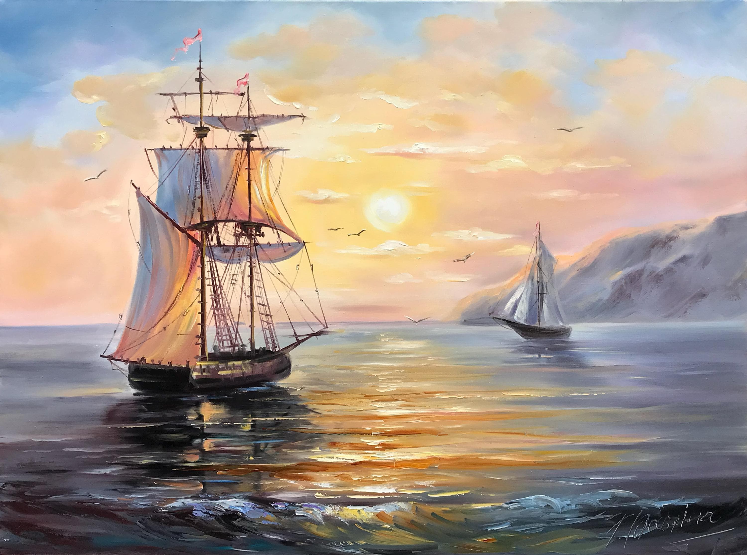 キャンバスに描かれた海事絵画 海に浮かぶ船の夕焼け油絵 オリジナル