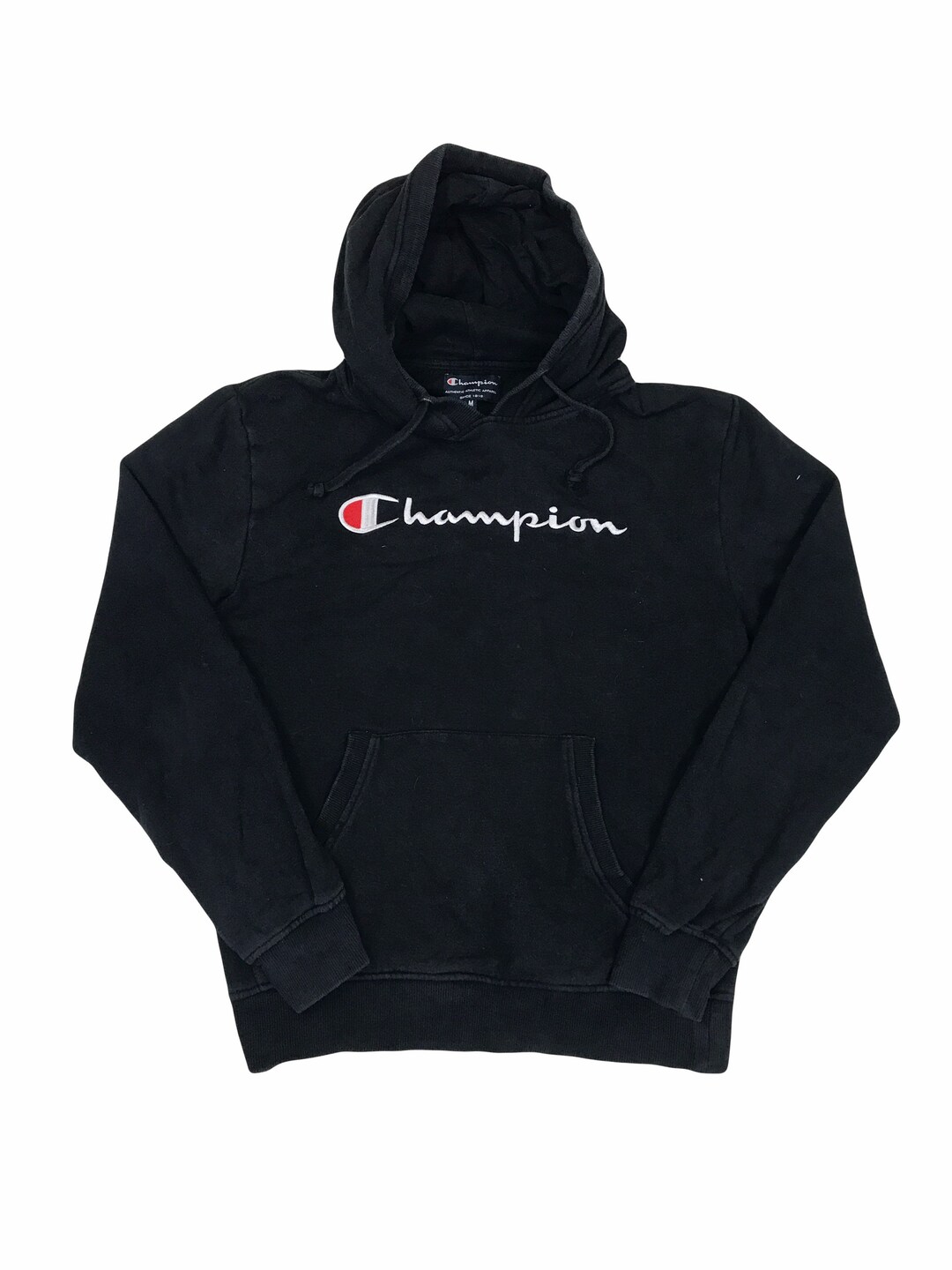 Vintage 90s Champion Black Embroidered Spell Out Hoodie Size Small