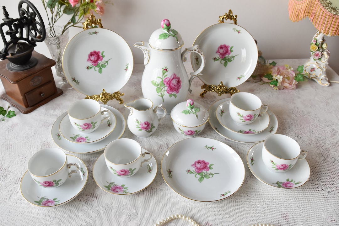 Furstenberg Porcelain Tea Set With Pink Rose Pattern and Gold Trim