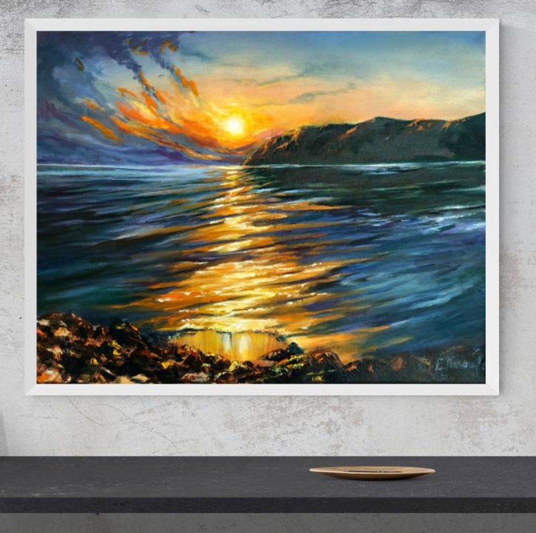 夕焼けの絵画、川と山の絵画、夕方の夕日、水と太陽、オリジナルの風景