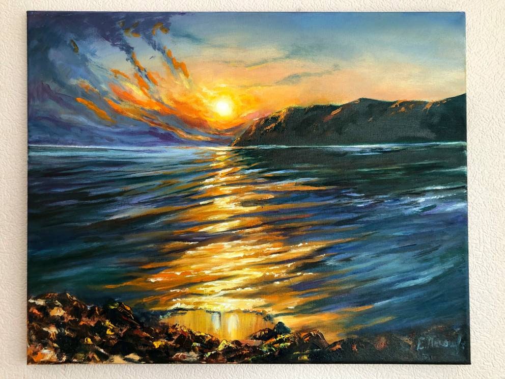 夕焼けの絵画、川と山の絵画、夕方の夕日、水と太陽、オリジナルの風景