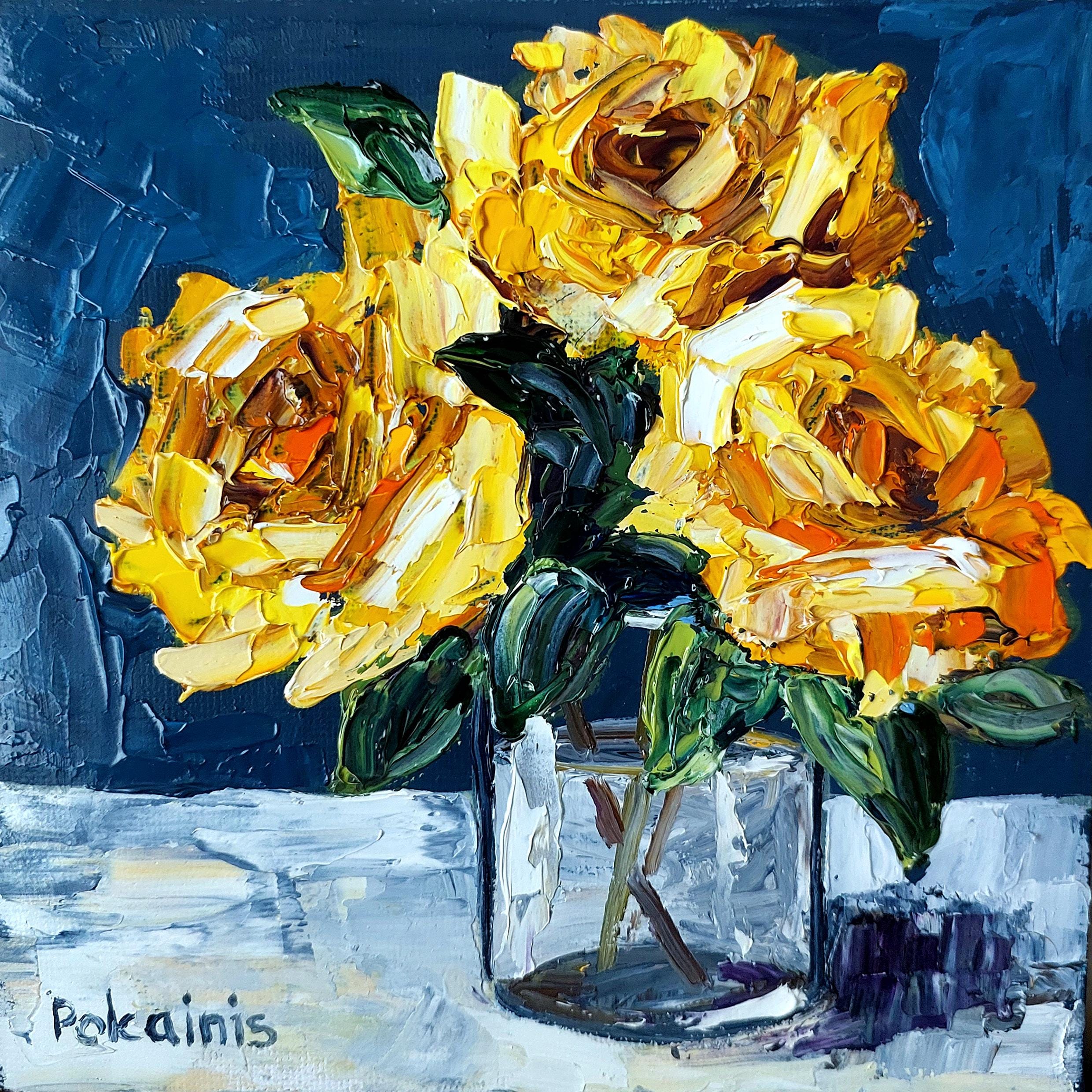 黄色いバラのオリジナル油絵、花の壁アート、厚塗りの油絵、植物の