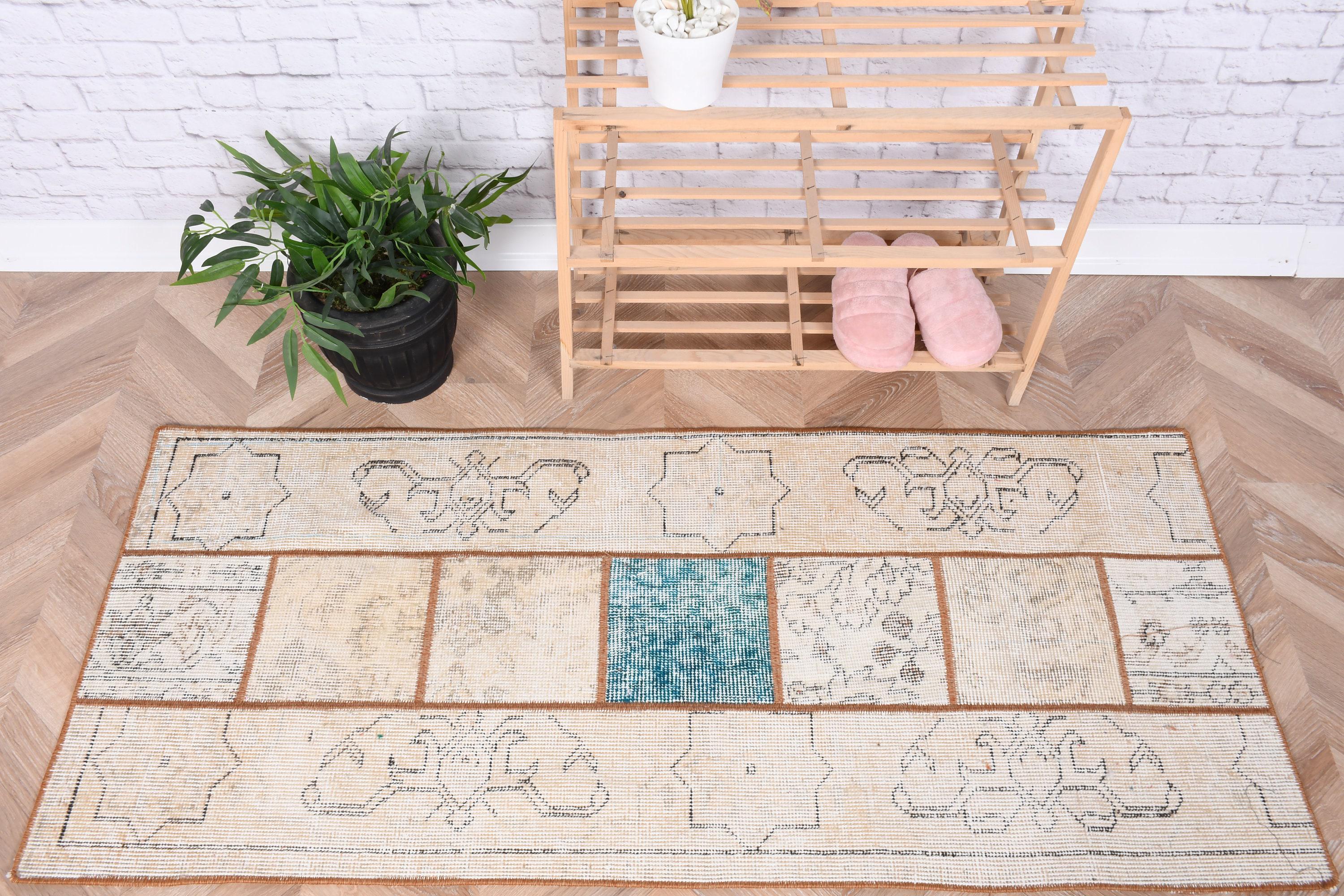 68.5×98 ベージュボタニカル パッチワーク トルコヴィンテージラグ