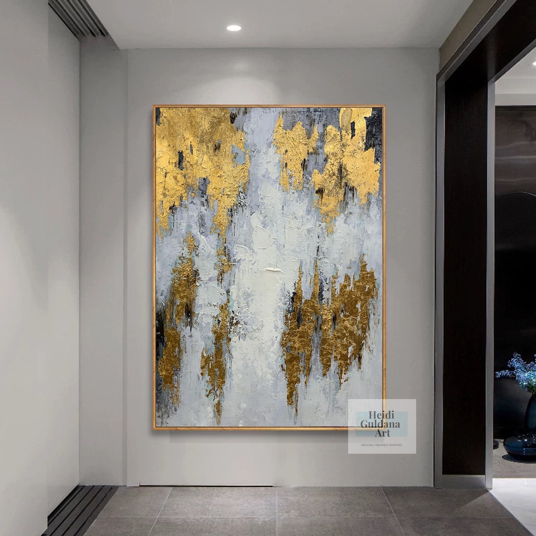 オリジナルの油絵抽象画、キャンバスに描かれた金彩画、大きな抽象画壁