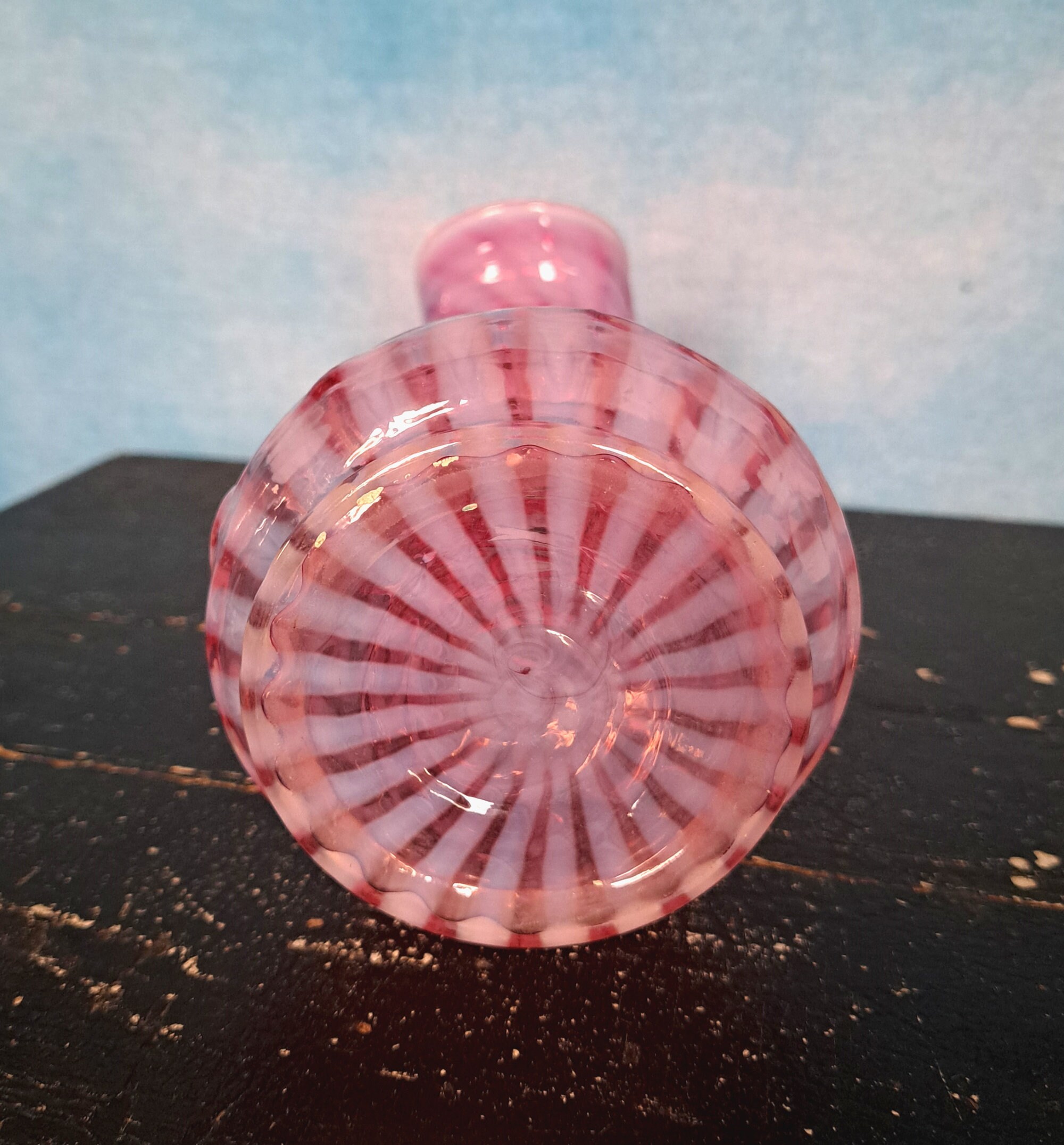 Vintage 1940s Fenton Opalescent Cranberry Spiral Swirl Striped