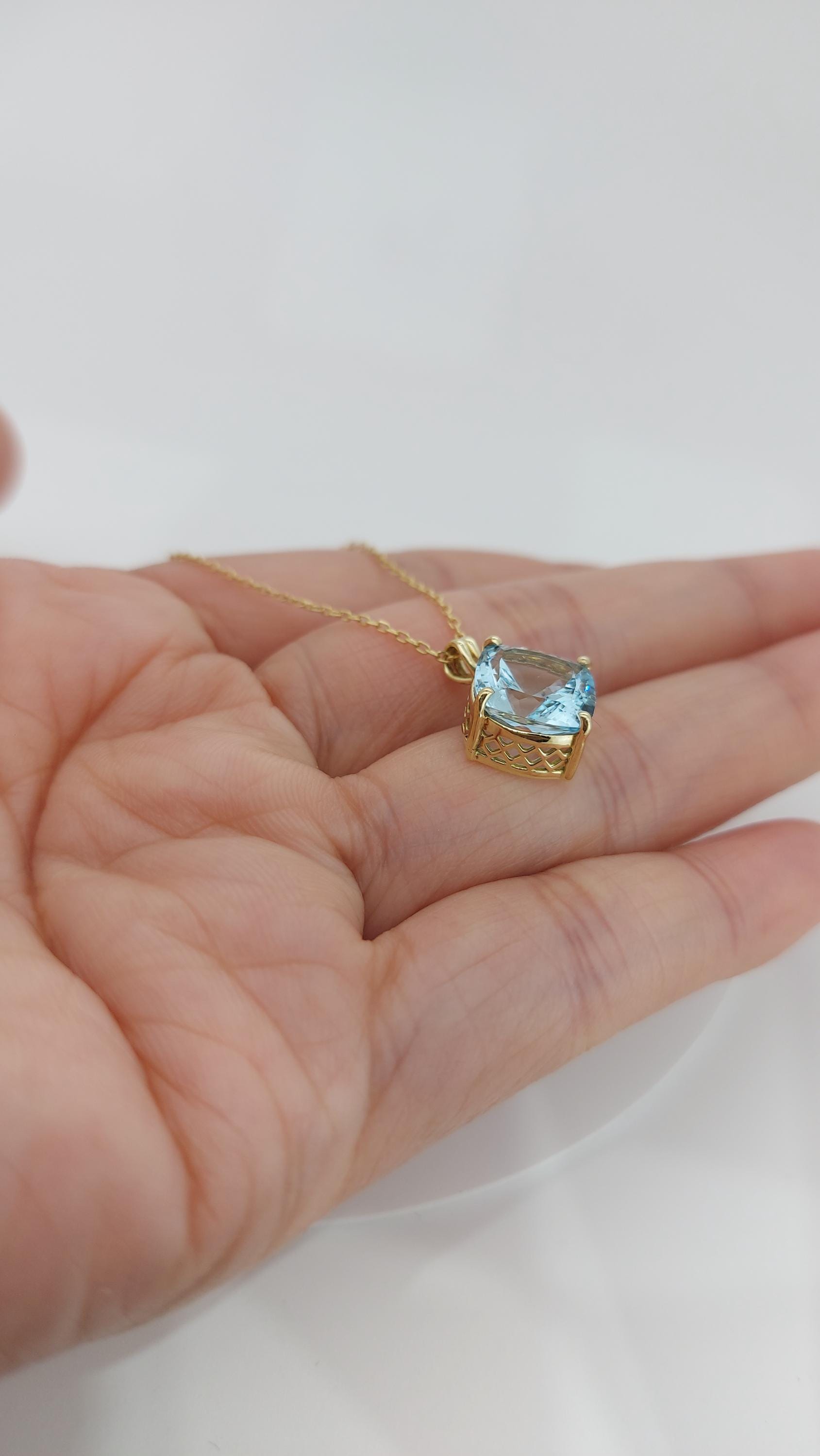 アクアマリン ペンダント ネックレス 14K ソリッド イエロー ゴールド