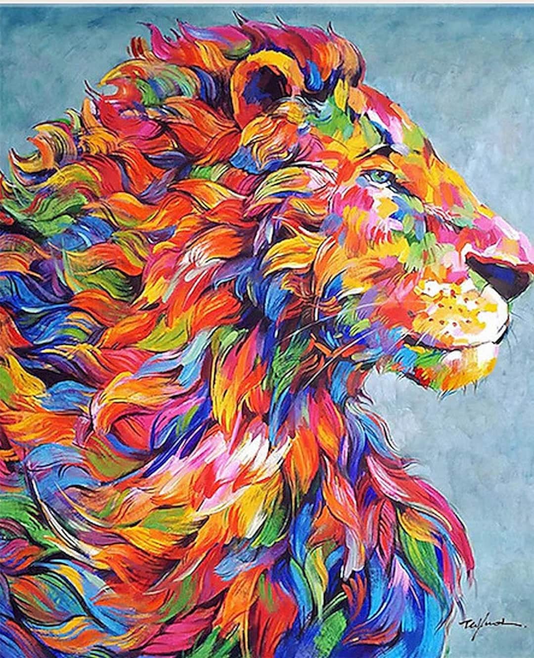 モダンアート ライオンの絵 キャンバスにアクリル絵の具 サイン入り