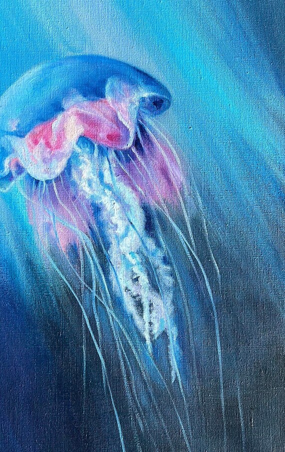 クラゲの絵画、キャンバスに描かれたオリジナルの油絵、オルガ