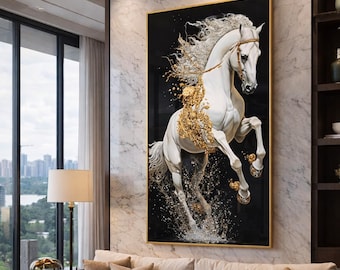 輸入雑貨 絵画 強化ガラス 硝子アート 『白馬』 特大ガラスアート